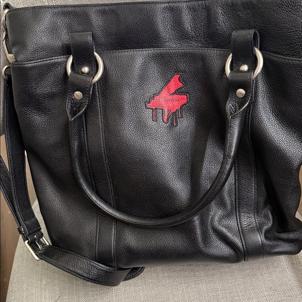 Carnegie Hall Black Leather Tote Bag with Red Logo-fits a computer or laptop. - Picture 9 of 10